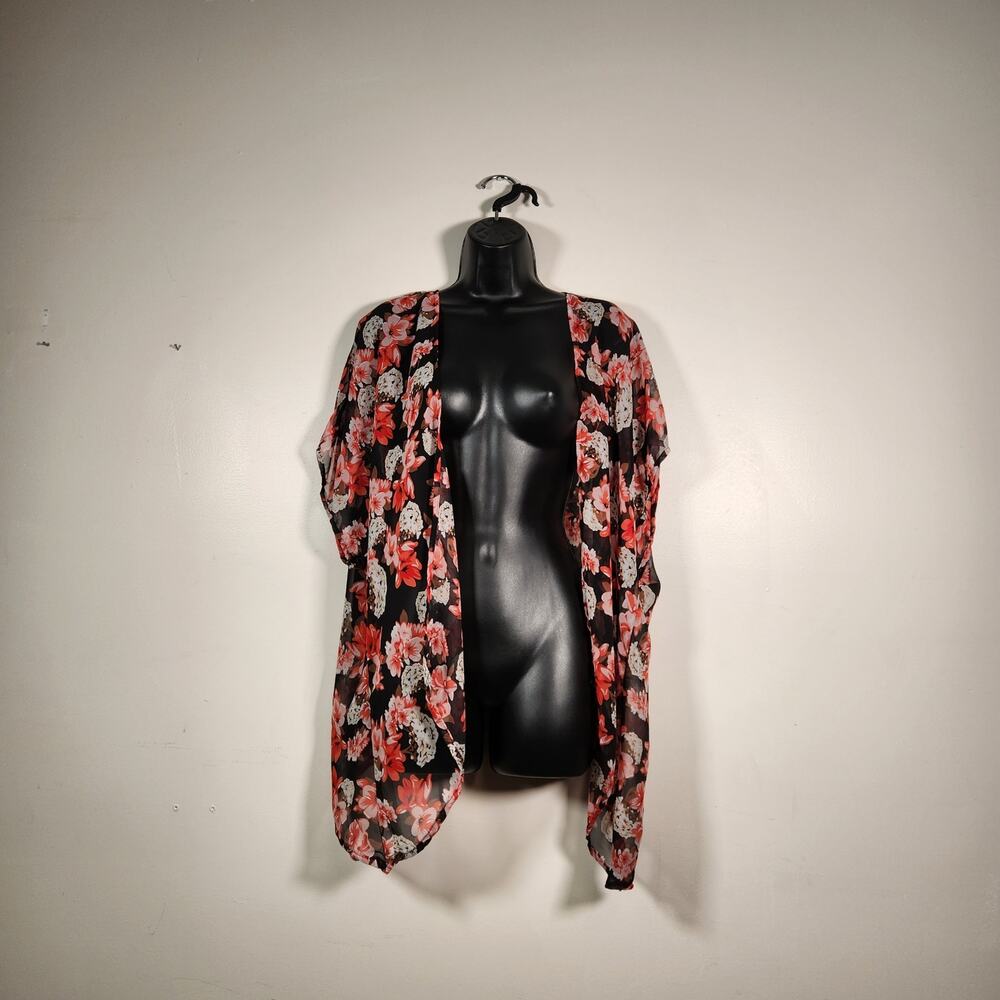 UNKNOWN Kimono Womens No Tag (Fits XL) Black Red Floral Sheer Short Boho Summer